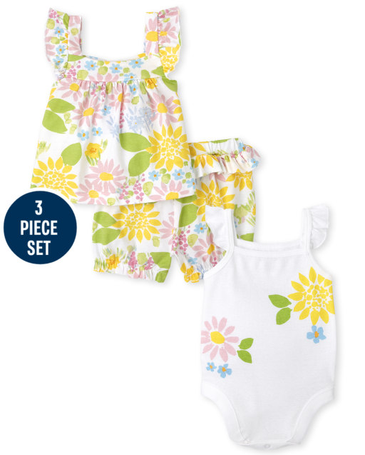 Baby Girls Sleeveless Floral Tank Top, Short Flutter Sleeve Bodysuit And Knit Ruffle Shorts 3-Piece Playwear Set