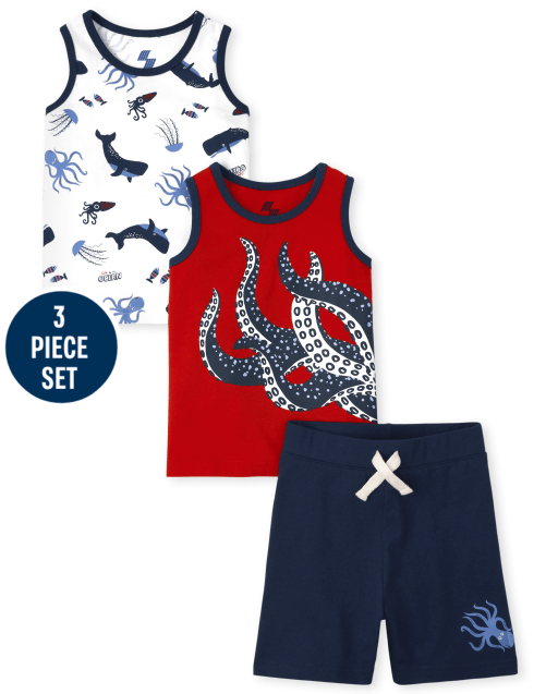 Toddler Boys Mix And Match Sleeveless Sea Creature Tank Top Octopus Tank Top And Graphic Knit Shorts 2-Piece Set