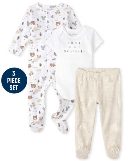 Unisex Baby Short Sleeve 'Love Nap Snuggles' Bodysuit Long Sleeve Animal Sleep And Play And Striped Knit Pants 3-Piece Take Me Home Set