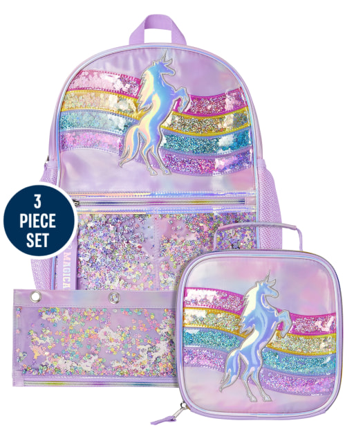 Conjunto de mochila, fiambrera y estuche para lápices con diseño de unicornio y agitador de confeti para niñas