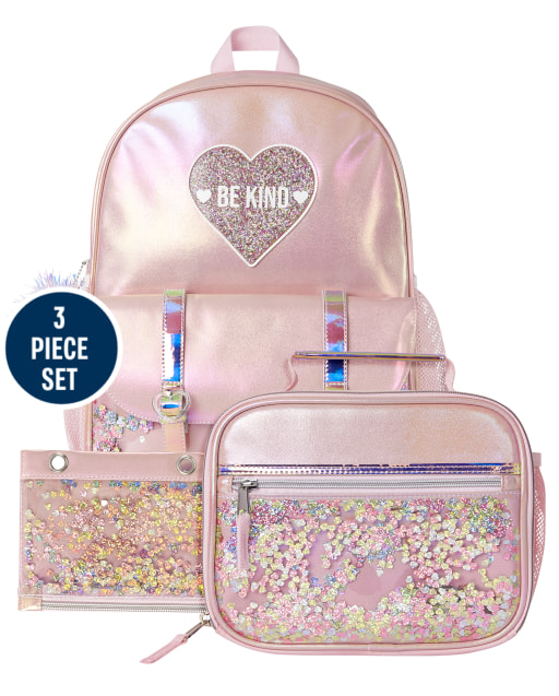 Girls Confetti Shaker Heart Backpack, Lunchbox And Pencil Case Set