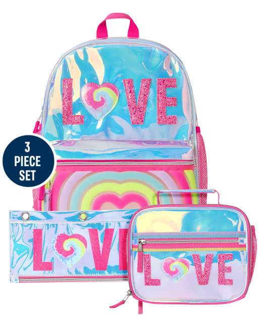 Girls Holographic Love Backpack, Lunchbox And Pencil Case Set