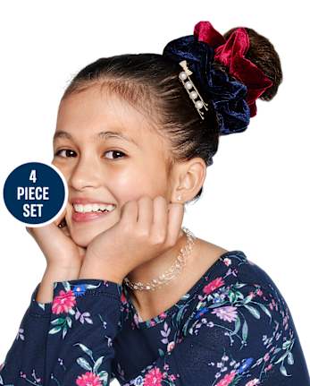 Girls 4-Piece Scrunchie And Hair Clip Set