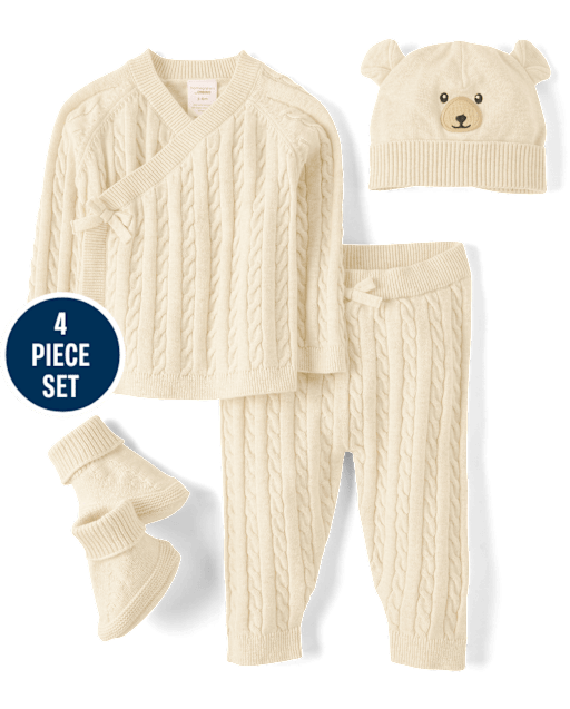 Conjunto unisex de 4 piezas con oso de tejido de punto y cable para bebé - Homegrown By Gymboree