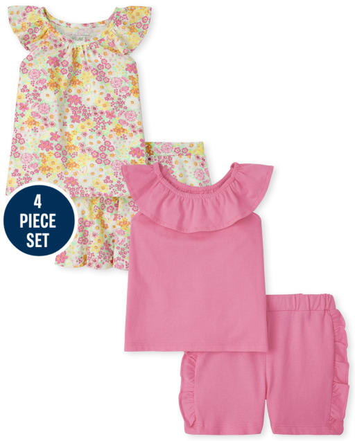 Conjunto de 4 piezas de camiseta sin mangas con estampado floral para niñas pequeñas