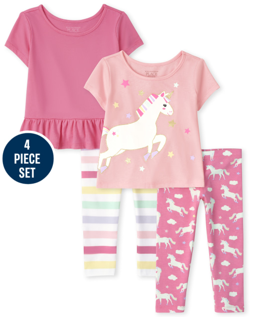 Toddler Girls Mix And Match Short Sleeve Unicorn Tops And Knit Leggings 4-Piece Set