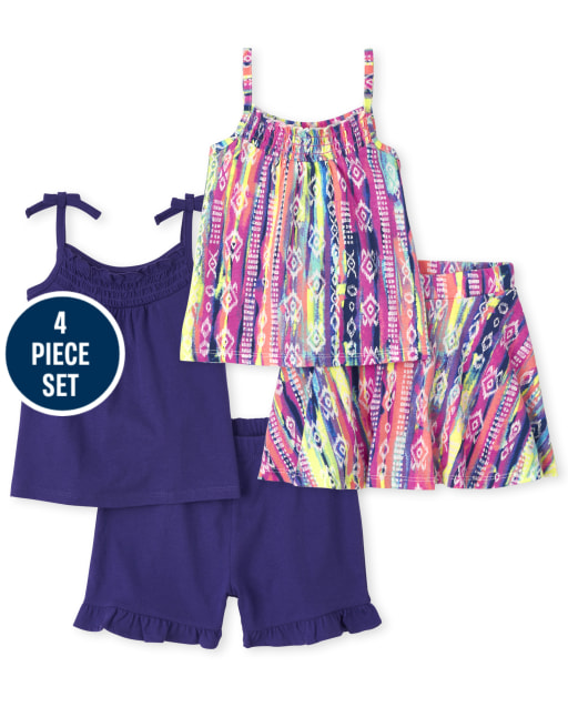 Toddler Girls Mix And Match Ruffle Tank Top Print Knit Skort And Knit Ruffle Shorts 4-Piece Set