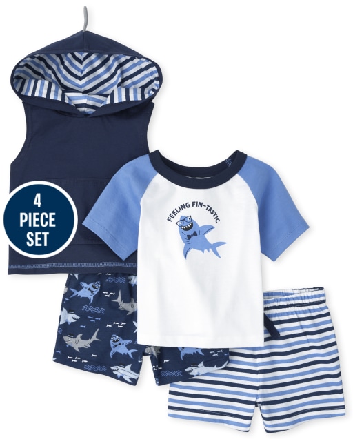 Baby Boys Short Raglan Sleeve Shark Graphic Top, Sleeveless Shark Hoodie Top, Striped Knit Shorts And Shark Print Knit Shorts 4-Piece Playwear Set