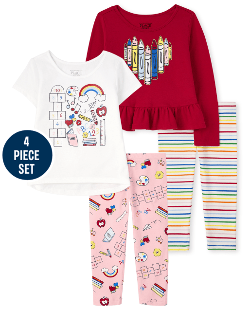 Toddler Girls Long Sleeve Graphic Tops And Print Knit Leggings 4-Piece Set