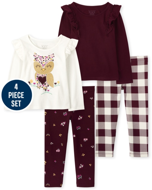 Toddler Girls Long Sleeve Owl Ruffle Tops And Print Knit Leggings 4-Piece Set