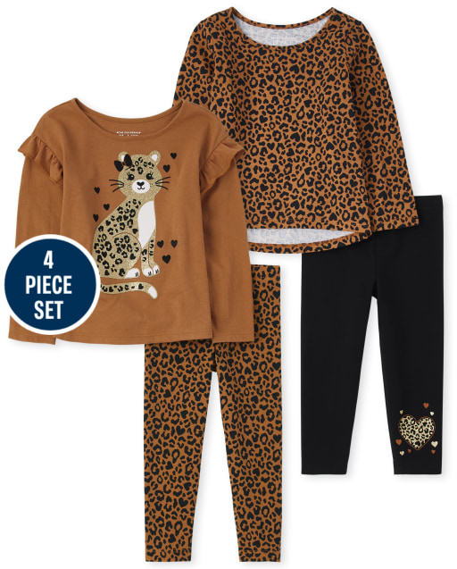 Toddler Girls Long Sleeve Leopard Tops And Knit Leggings 4-Piece Set