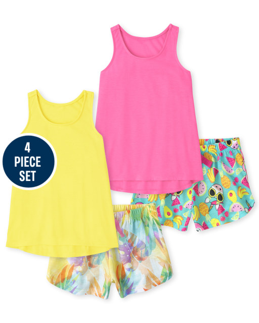 Girls Sleeveless High Low Pajama Tank Tops, Tropical Leaf Print Pajama Shorts And Fruit Print Pajama Shorts 4-Piece Set