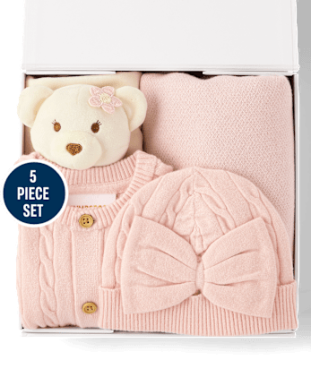 Baby Girls Cable Knit 4-Piece Gift Box Set - PALE BLUSH