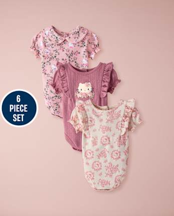 Baby Girls Hello KittyÂ® Floral Toile 6- Piece Outfit Set
