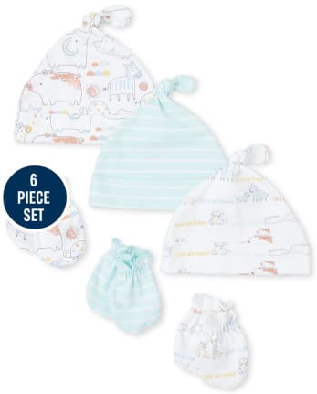 Unisex Baby Doodle Animals Knotted Hat And Mittens 6-Piece Set