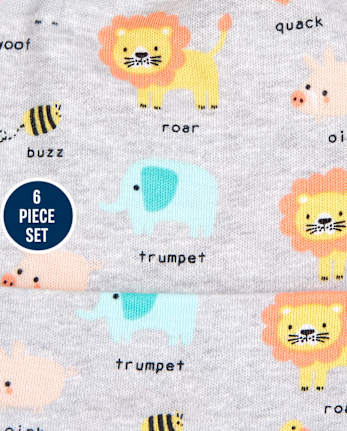 Ensemble 6 pièces bonnet et mitaines noués animaux pour bébé garçon