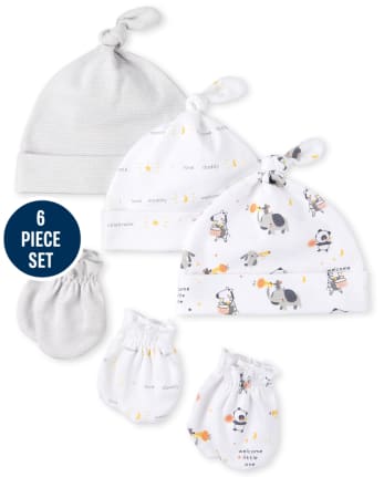 Unisex Baby Animals Knotted Hat And Mittens 6-Piece Set