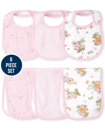 Baby Girls Rose Bib And Burp Cloth 6-Piece Set