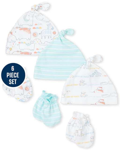 Baby Doodle Animals Knotted Hat And Mittens 6-Piece Set