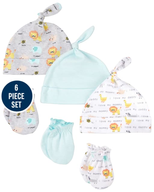 Ensemble 6 pièces bonnet et mitaines noués animaux pour bébé garçon
