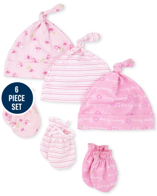Ensemble 6 pièces bonnet et mitaines noués rose pour bébé fille