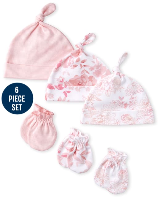 Baby Girls Rose Knotted Hat And Mittens 6-Piece Set