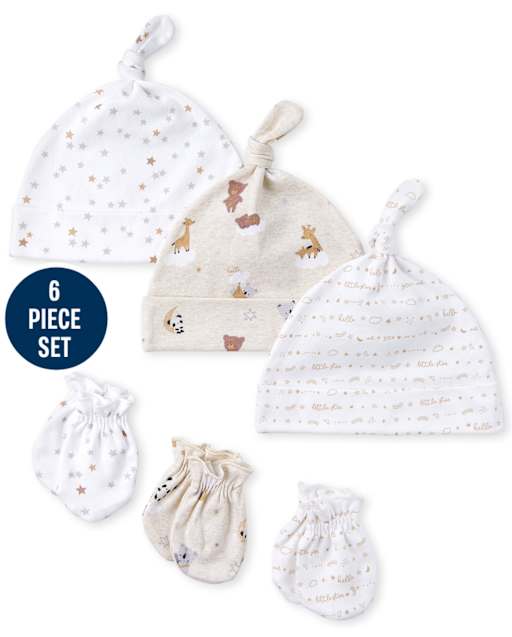 Ensemble 6 pièces bonnet et mitaines noués unisexe pour bébé ours