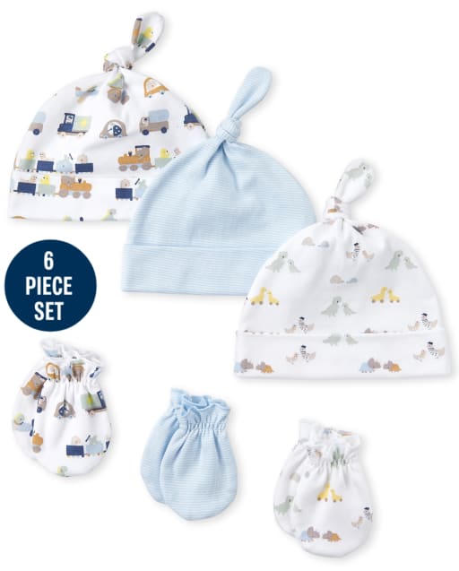 Baby Boys Transportation Knotted Hat And Mittens 6-Piece Set
