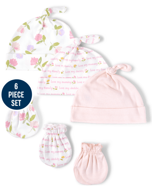 Baby Girls Floral Knotted Hat And Mittens 6-Piece Set