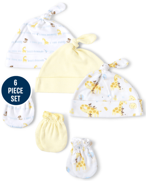 Unisex Baby Giraffe Knotted Hat And Mittens 6-Piece Set