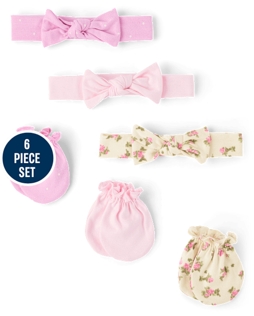 Baby Girls Floral Headwrap And Mittens 6-Pack