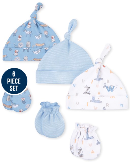Baby Boys Animals Knotted Hat And Mittens 6-Piece Set