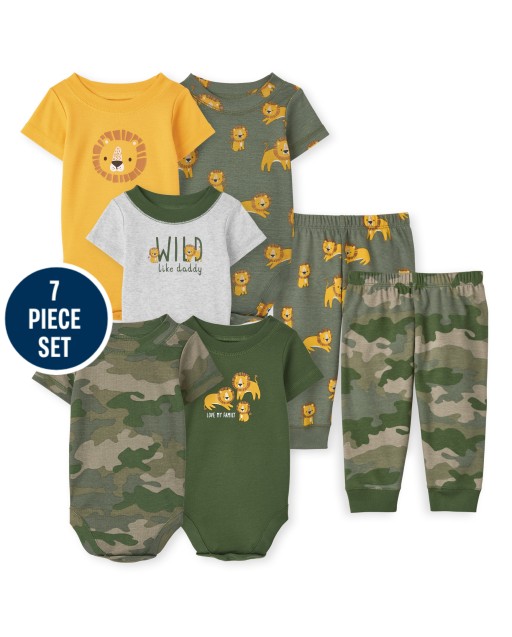 Baby Boys Mix And Match Short Sleeve Safari Bodysuit And Pants 7-Piece Set