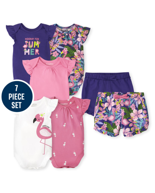 Baby Girls Mix And Match Short Sleeve Flamingo Bodysuit And Ruffle Shorts 7-Piece Set