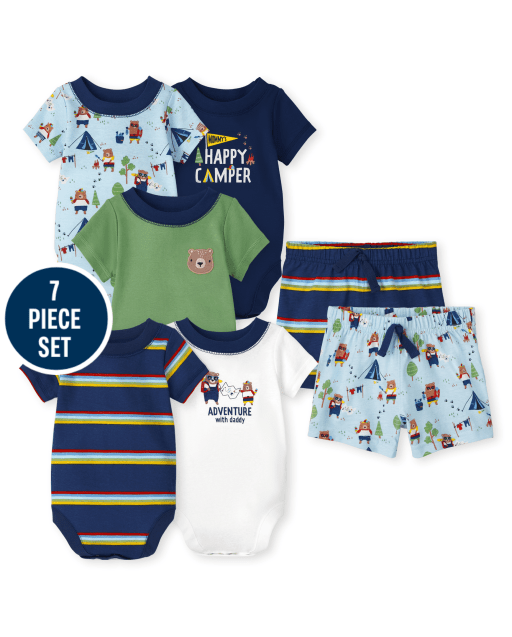 Conjunto de 7 piezas de mono y pantalones cortos para acampar de manga corta Mix And Match para bebé niño