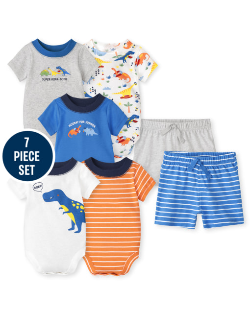 Baby Boys Mix And Match Short Sleeve Dino Bodysuit And Shorts 7-Piece Set