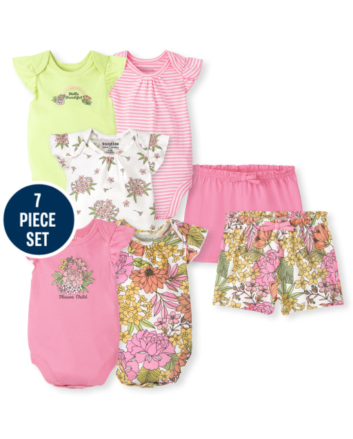 Baby Girls Mix And Match Short Sleeve Floral Bodysuit And Shorts 7-Piece Set