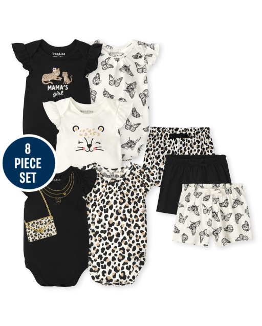 Baby Girls Mix And Match Short Sleeve Leopard Bodysuit And Paper Bag Waist Shorts 8-Piece Set