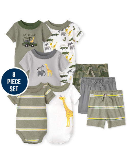 Conjunto de 8 piezas de mono y pantalones cortos de safari de manga corta Mix and Match para bebé niño
