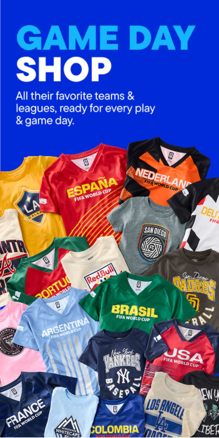 A blue background with "GAME DAY SHOP" text on the left and a pile of colorful sports jerseys on the right.