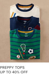 The image shows a stack of colorful preppy-style tops, including a white top with navy and yellow accents, a navy top, and a green and white striped top with sports-themed graphics.