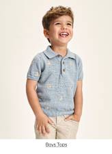 A young boy with curly brown hair is smiling brightly while wearing a light blue polo shirt with star patterns against a plain white background.