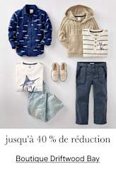 Une collection de vêtements pour enfants, comprenant une veste bleu marine à motifs, un pull à capuche beige, une chemise à rayures et un pantalon clair, le tout présenté sur un fond blanc uni avec le texte « jusqu'à 40 % de réduction chez Driftwood Bay » en surimpression.