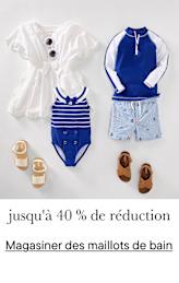 Une collection de maillots de bain et d'accessoires pour enfants, comprenant un chemisier blanc, un maillot de bain rayé, un haut à manches longues bleu et blanc et une paire de sandales marron, le tout disposé sur un fond uni avec la mention « jusqu'à 40 % de réduction » en surimpression.