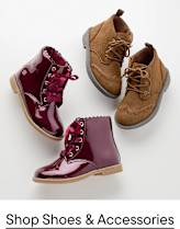 Two pairs of children's boots, one shiny burgundy and one suede brown, are arranged against a plain white background.