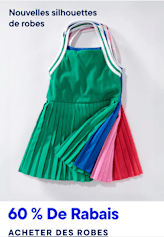 Une robe plissée aux couleurs vives et aux rayures colorées se détache sur un fond blanc uni, avec en bas un texte annonçant « Nouveaux modèles de robes » et « 60 % de réduction ».