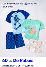 Deux ensembles de pyjamas, l'un orné d'un motif de skateur et d'un short à carreaux, et l'autre avec des cornets de glace sur le t-shirt et le short, sont présentés sur un fond blanc uni avec un texte promotionnel en haut et en bas.