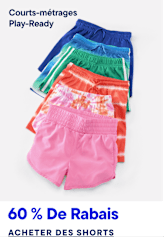 Une pile de shorts colorés, allant du rose au bleu, est présentée sur un fond blanc uni, avec les informations de solde en bas.