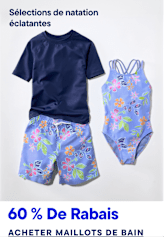 Un rashguard bleu marine et un short de bain à fleurs sont présentés au premier plan sur un fond blanc, avec l'inscription « Splashy Swim Picks » en haut et « 60 % de réduction sur les maillots de bain » en bas.