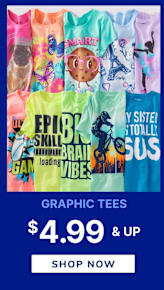 Colorful graphic t-shirts featuring various designs and slogans, with a price tag of $4.99 and up